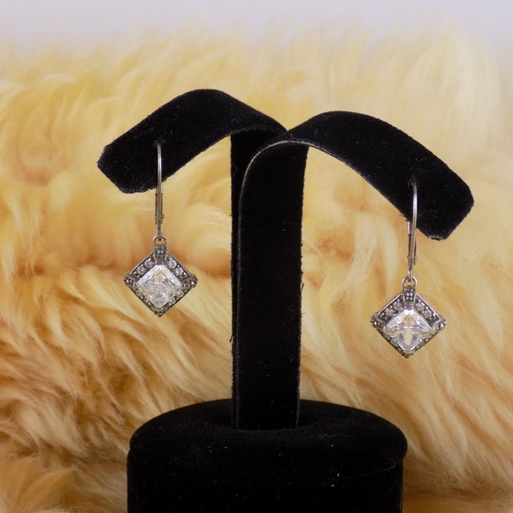 Fine Square CZ Design Sterling 925 Dangle Earrings - Picture 1 of 7